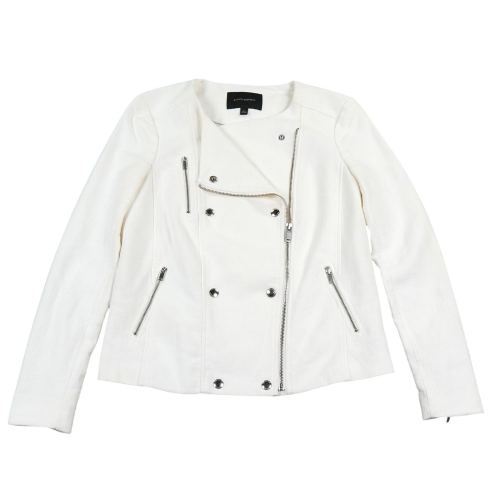Banana Republic Moto Jacket Women Size 2 White Textured Zip Biker Y2K Coat